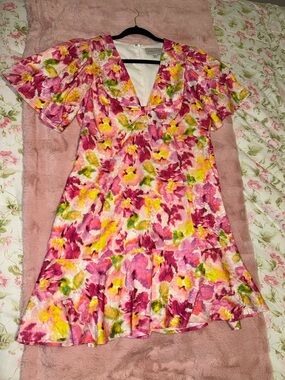 Adelyn Rae Pink & Yellow Floral V-Neck Ruffle Dress Size Large